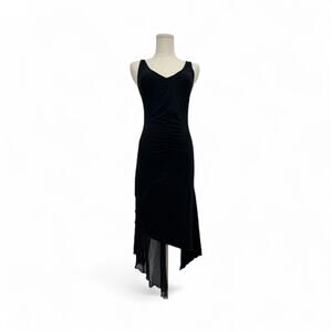 Vintage Bebe Ruched Asymmetrical Black Midi Dress Small Y2K Fairy Whimsical